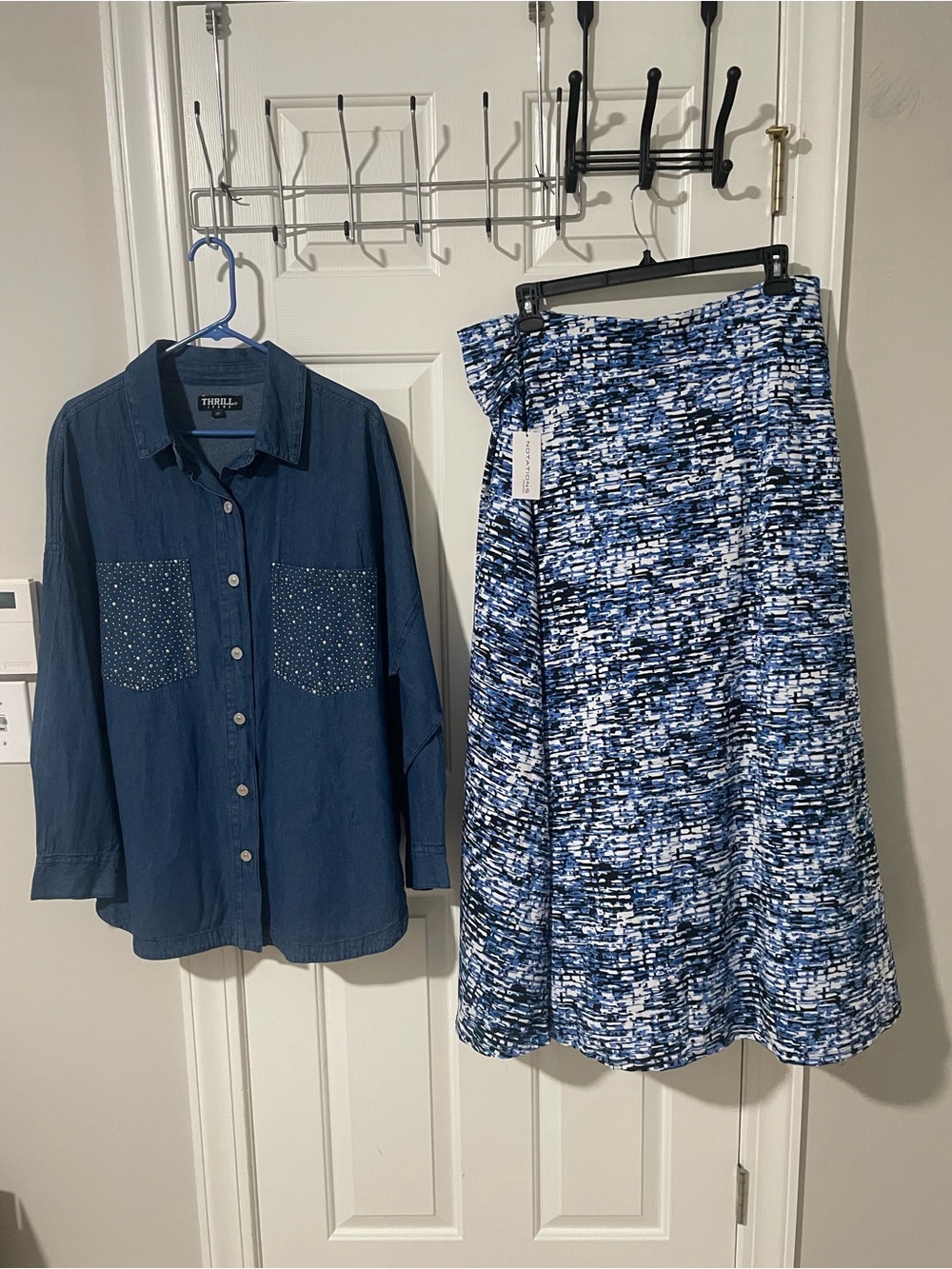 Blue Abstract Print A-Line Skirt notations thrill Jean shirt 2x set